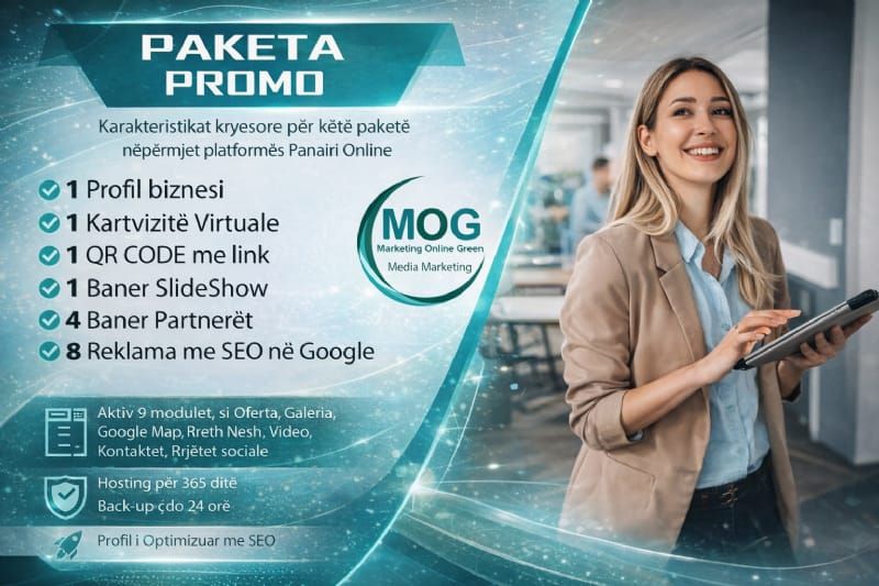 Paket EXTRA 8 oglasa, poslovni profil aktivan na Panairi Online, web stranica sa SEO, optimizacija za Google, online trgovina, digitalni marketing Albanija, promocija proizvoda, online oglasi, Google prikaz, trendovi marketinga.
